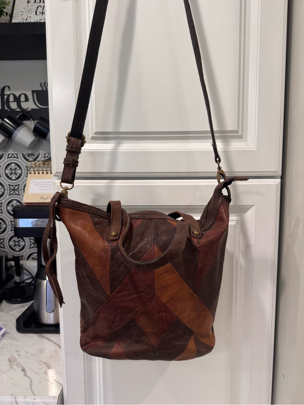 🤎Lucky Brand Leather Patchwork Convertible Tote Crossbody Bag Brown - Picture 5 of 11